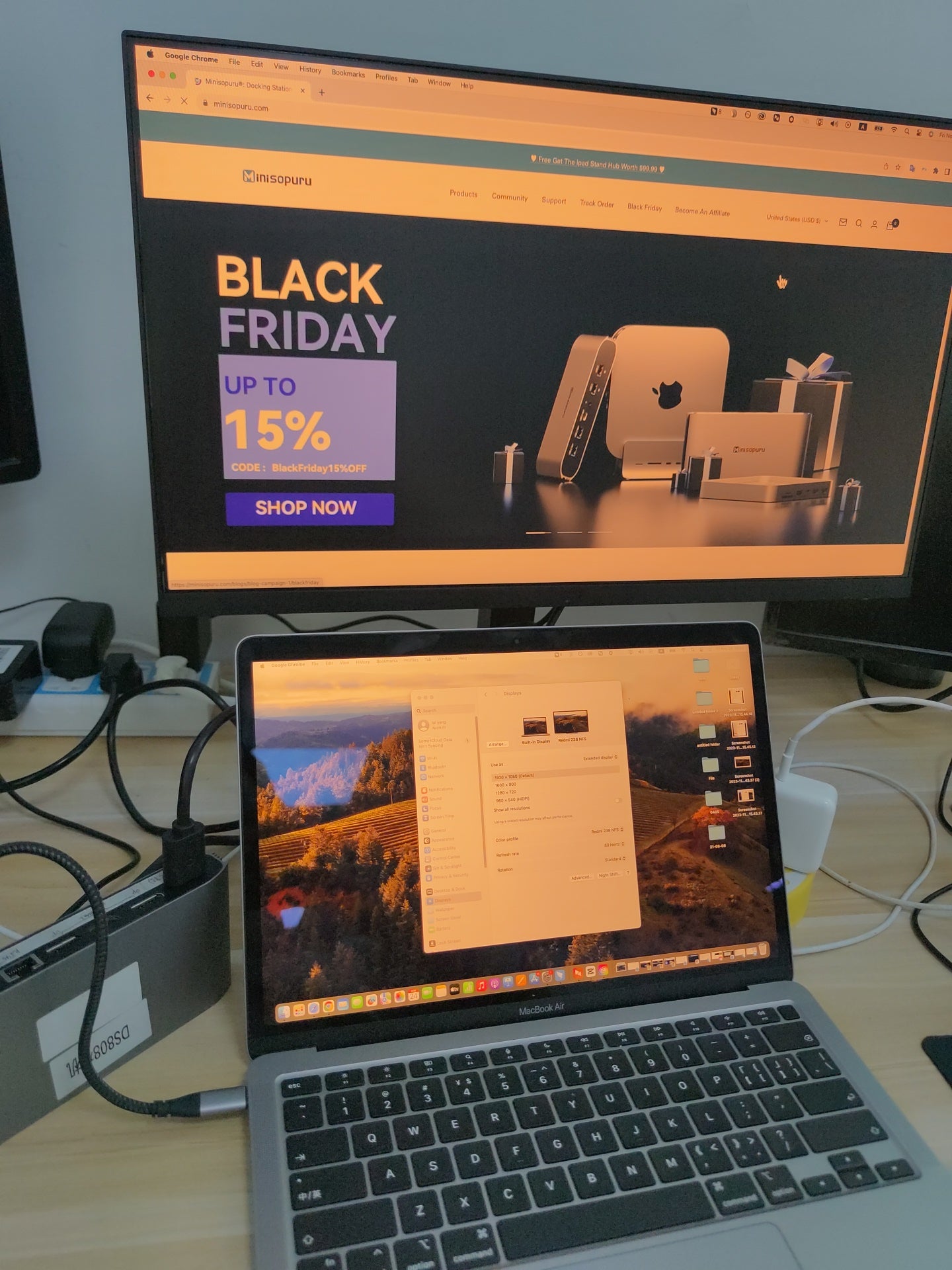 When I use the Minisopuru 13 in 1 DisplayLink Docking Station (model DS808), how do I make the external screen to warm color (adjusted to Night Shift) on MacOS?
