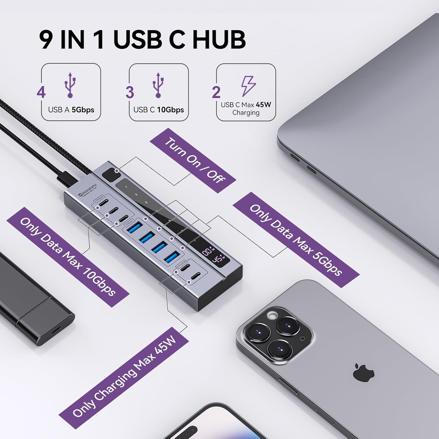 Minisopuru Powered USB C Hub with 65W Power Adapter| MH706P