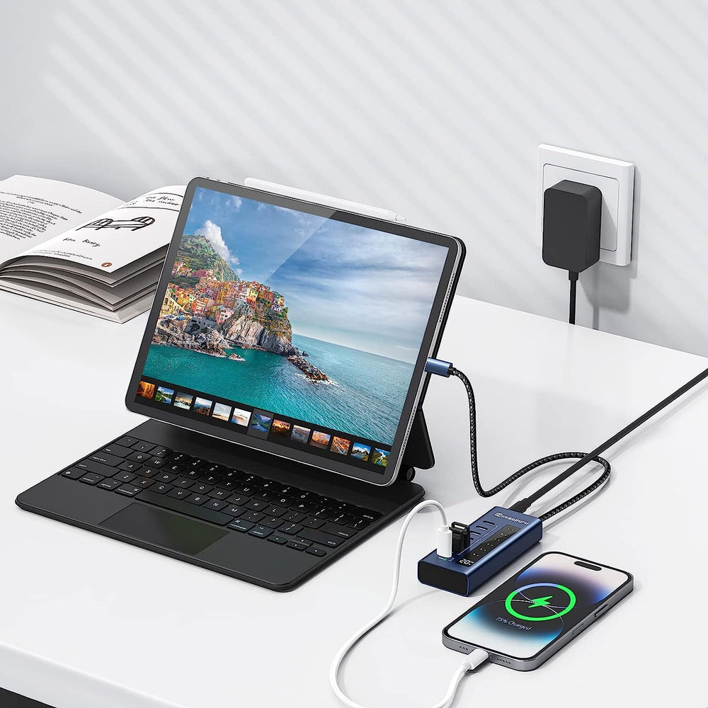 Minisopuru Powered USB C Hub, 7 in 1USB C Hub Powered Support 10Gbps Data & Fast Charging