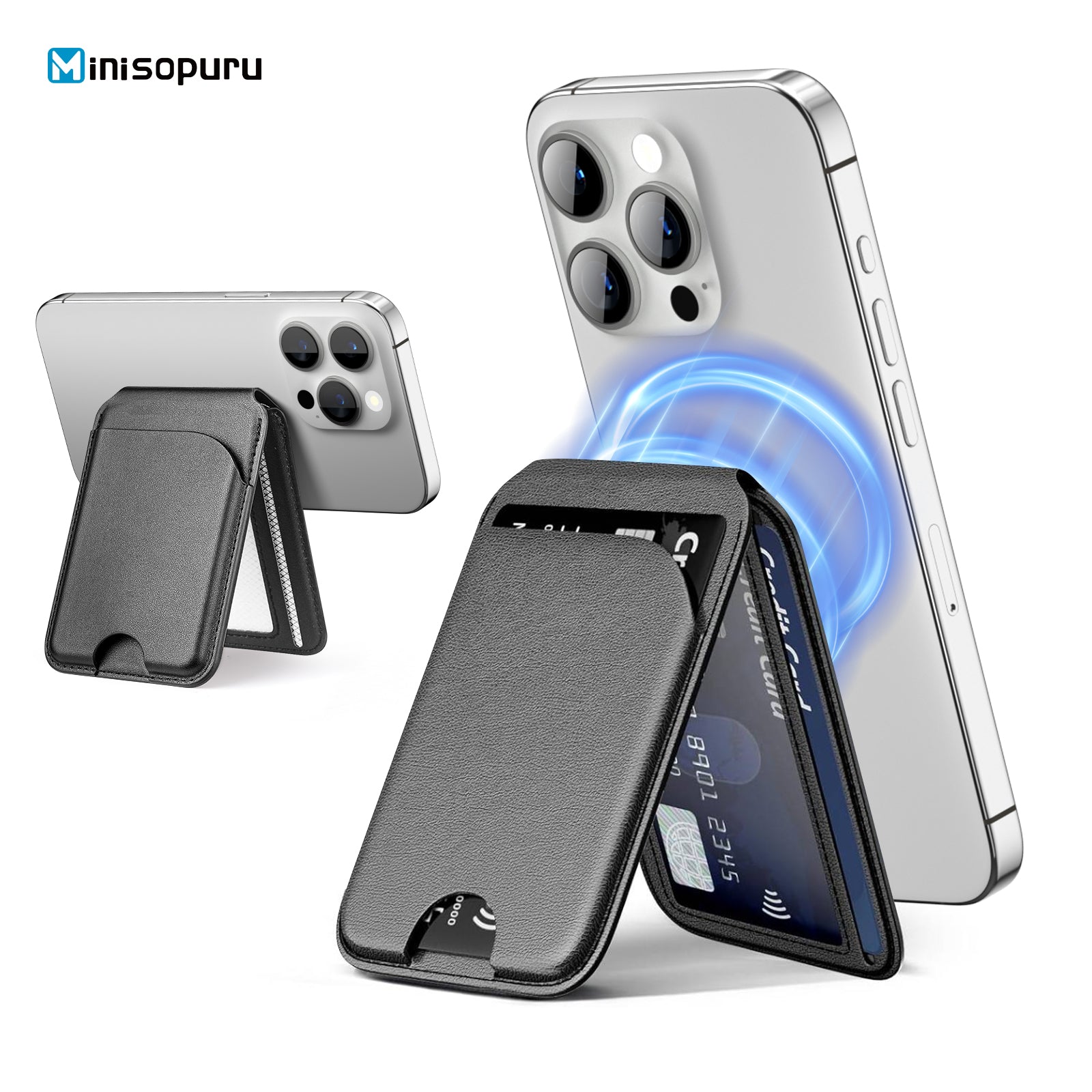Porte-cartes Magnétique pour iPhone - Portefeuille Magnétique en Cuir Compatible avec MagSafe Support pour Téléphone Apple