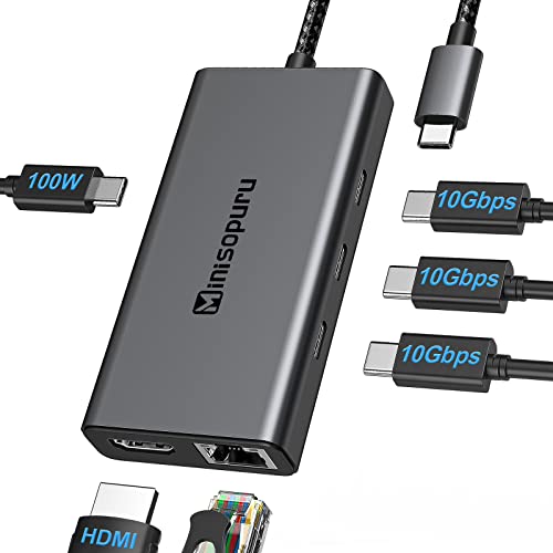 USB C ハブ マルチポート アダプター ミニソプル USB C ハブ 4K HDMI、USB-C 10Gbps データポート搭載、100W  Power Delivery、イーサネット、USB C to USB C ハブ MacBook