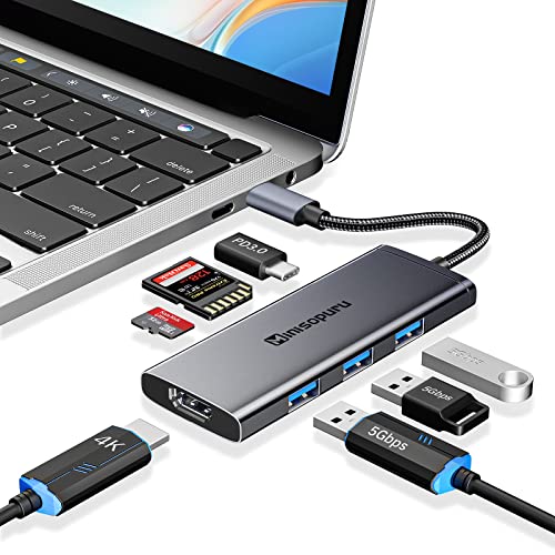 ミニソプル USB C to USB ハブ 7 in 1 USB C ハブ マルチポート アダプター 3つのUSB3.0、4K  HDMI、100W充電、SD&TF、USB-Cハブ USB Cドングル付き MacBook  Pro/Air、Surface、XPS、iPadなどに対応(スペースブラック)
