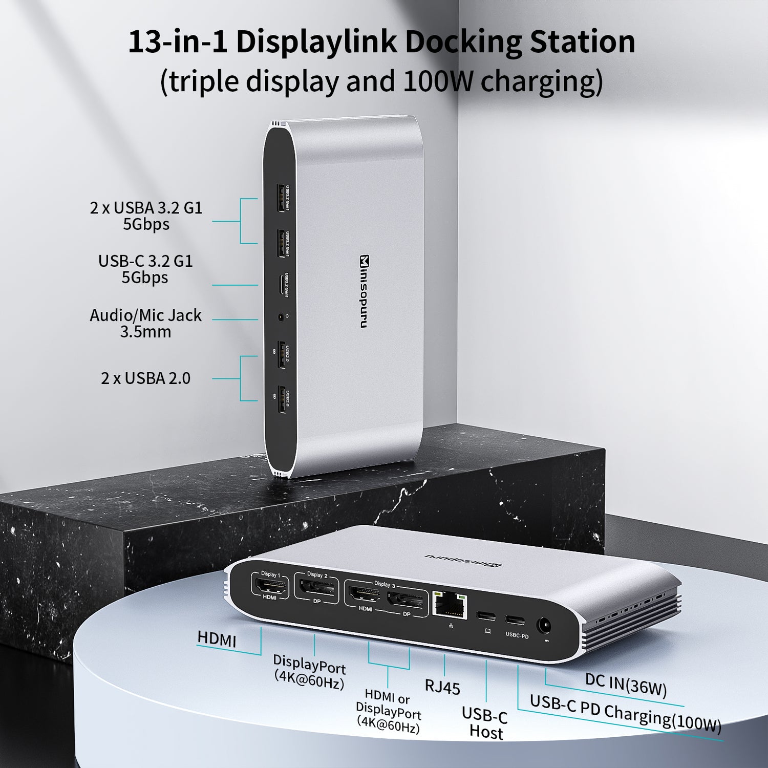 Detailed specifications and explanations about our 13 in 1 Displaylink Docking Station.