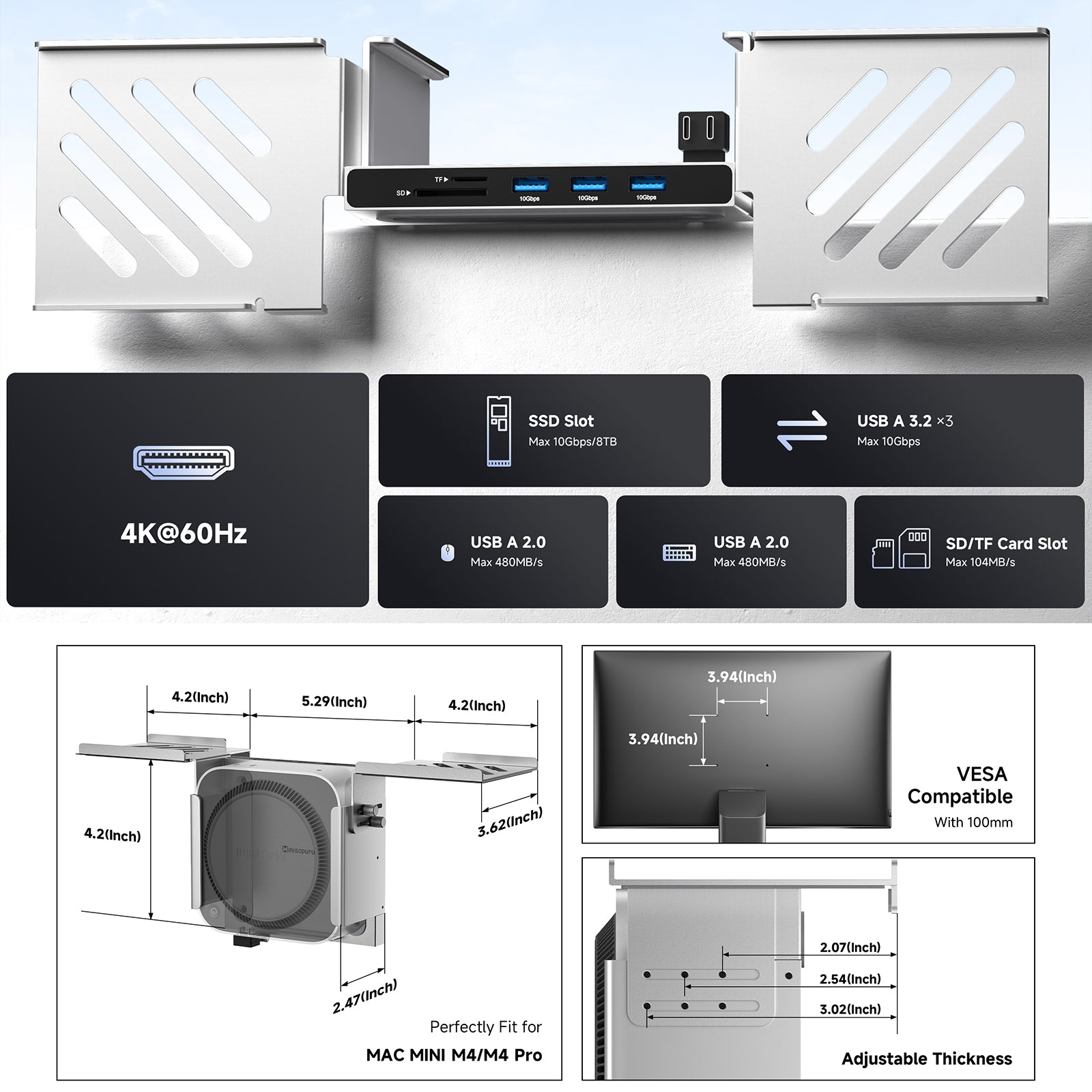 Minisopuru All Aluminum Mac mini M4 Dock Under Desk and Wall Mount | MINI4Ultra