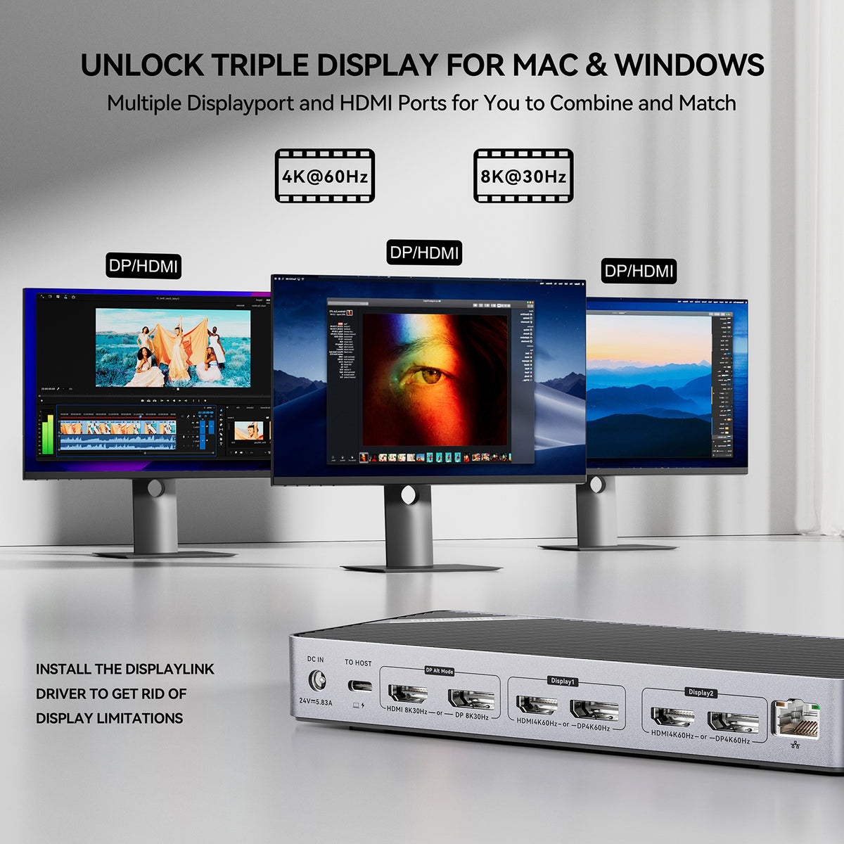 Minisopuru DisplayLink Docking Station 3 Monitors with 140W Power Adap