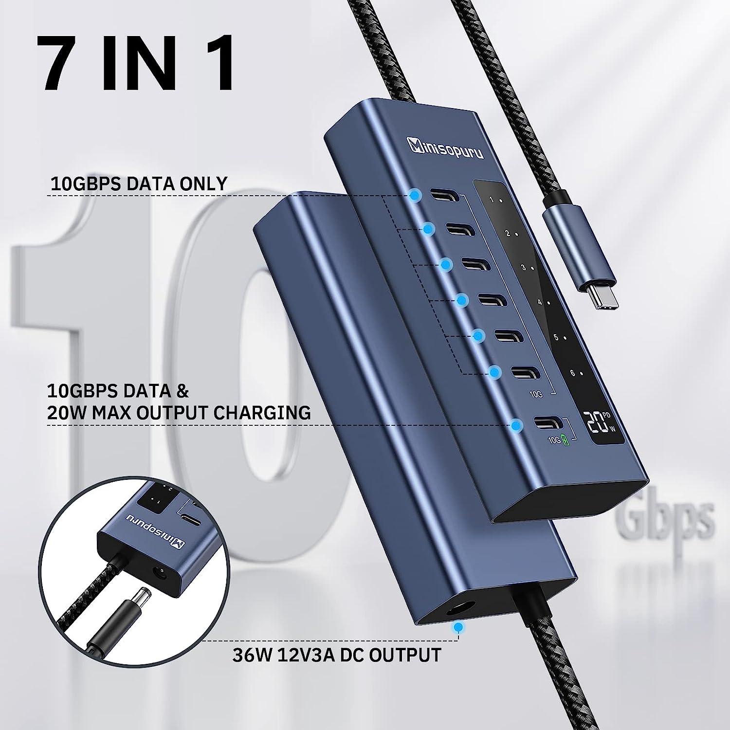 Minisopuru Powered USB C Hub, 7 in 1USB C Hub Powered Support 10Gbps Data & Fast Charging