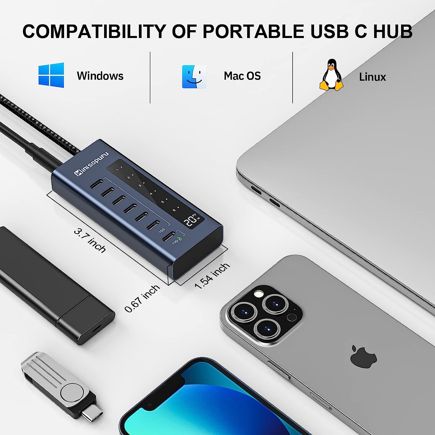 Minisopuru Powered USB C Hub, 7 in 1USB C Hub Powered Support 10Gbps Data & Fast Charging