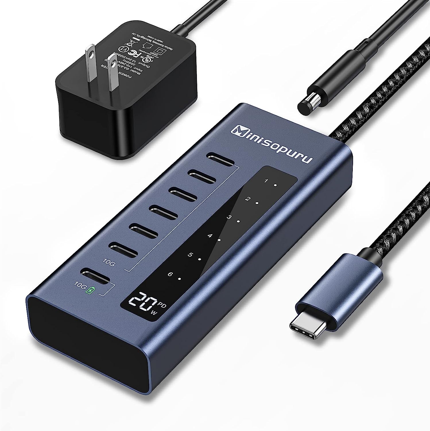 Minisopuru Powered USB C Hub, 7 in 1USB C Hub Powered Support 10Gbps Data & Fast Charging