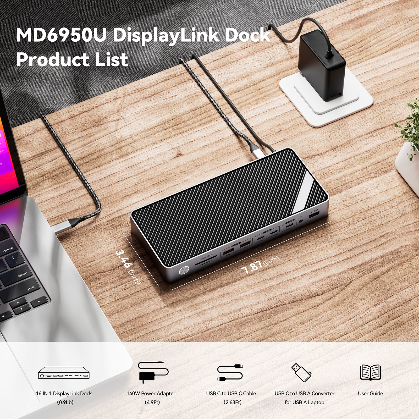 Minisopuru DisplayLink Docking Station 3 Monitors with 140W Power Adapter|MD6950U