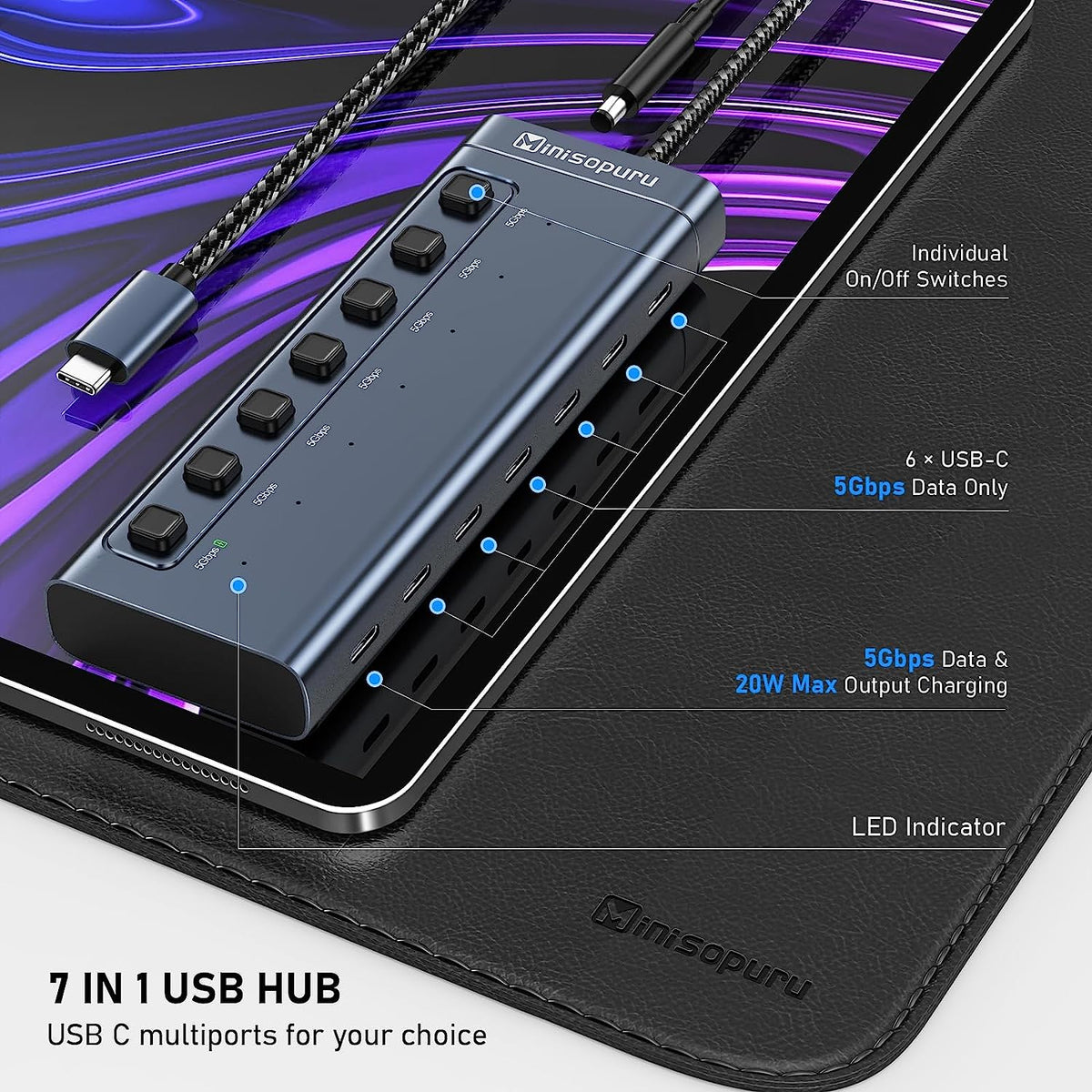 Minisopuru Powered USB C Hub 7 in 1 USB C Splitter Support Fast Data & Fast Charging |MH807C