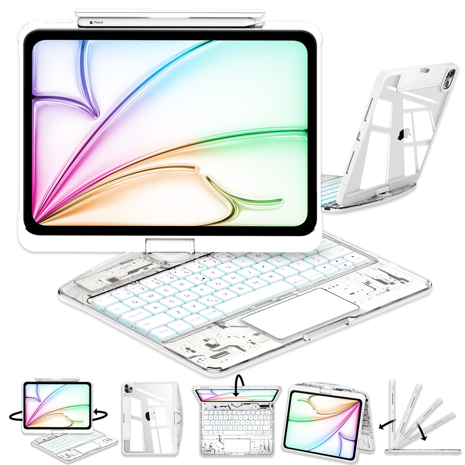 Transparent 360°Rotatable Keyboard Case for iPad [White] |KJIPJP298