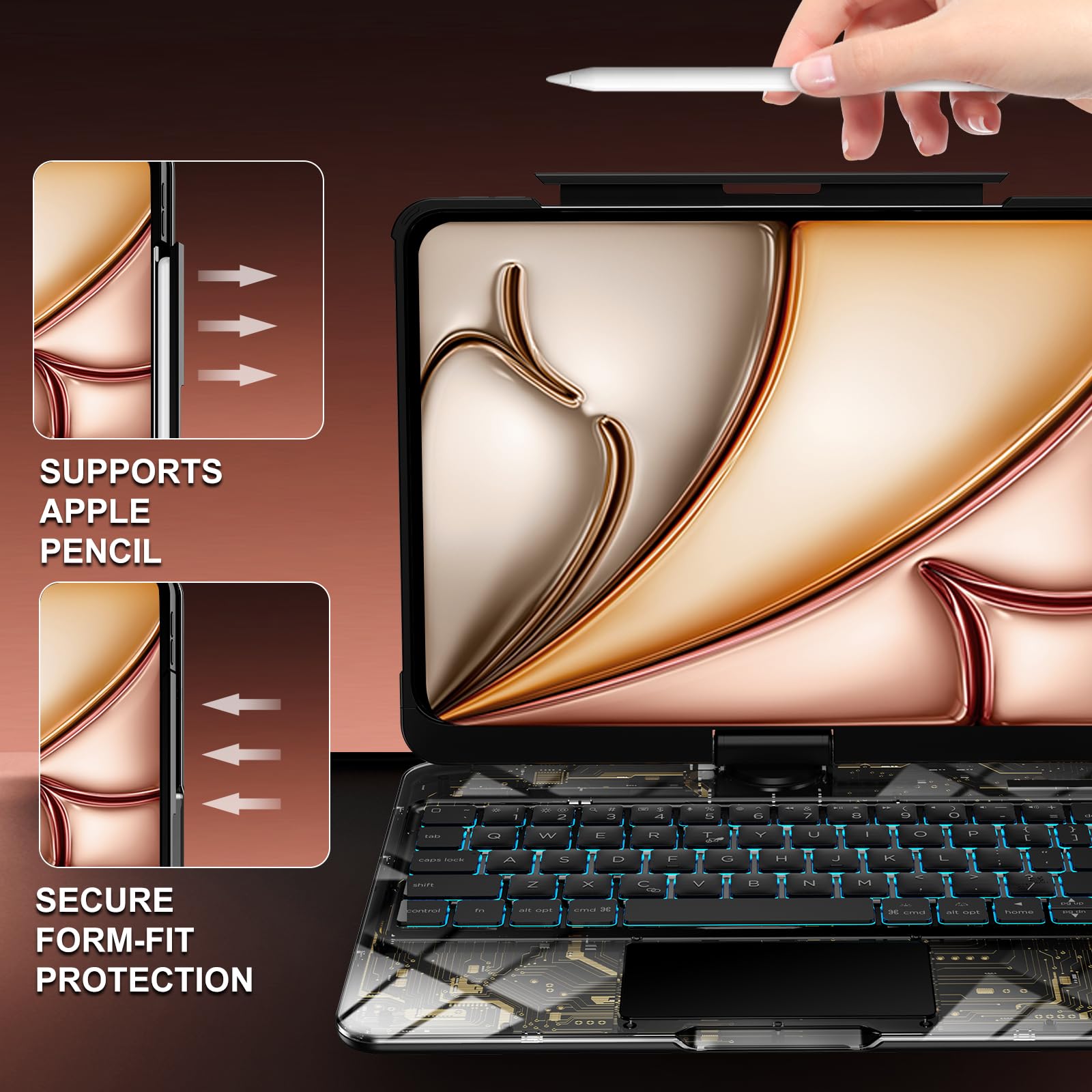 Transparent 360°Rotatable Keyboard Case for iPad [Black] | KJIPJP401