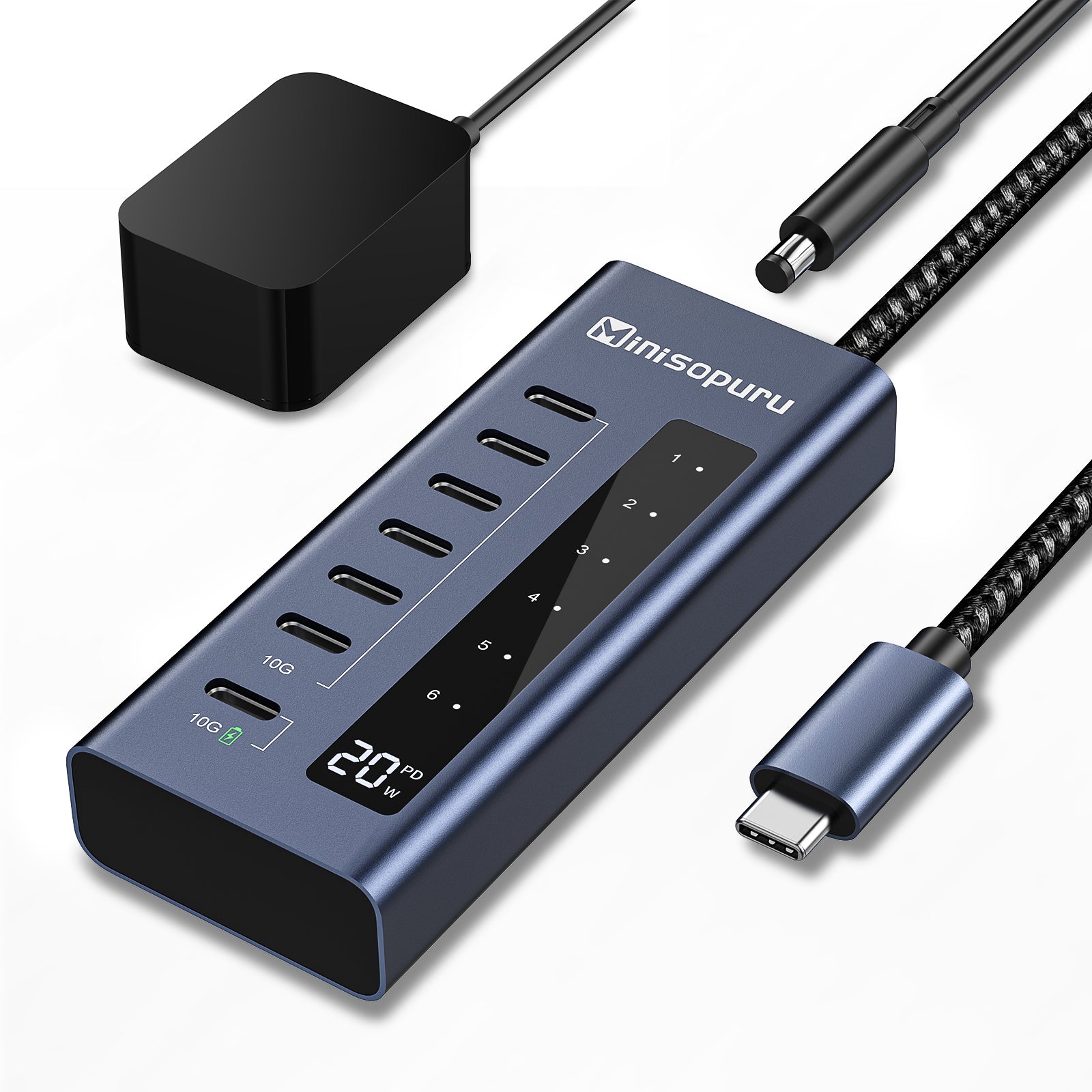 Minisopuru Powered USB C Hub, 7 in 1USB C Hub Powered Support 10Gbps D