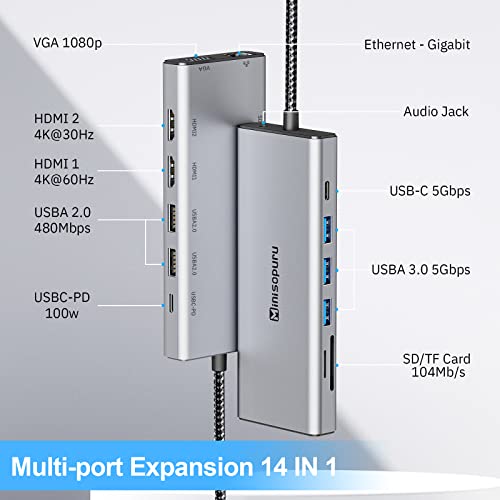 USB C ドッキング ステーション デュアル モニター、MacBook/Dell/HP/Lenovo/Surface ラップトップ用の 14 in  1 ラップトップ ドッキング ステーション、デュアル HDMI+VGA+PD+イーサネット+SD+TF+USB C ポート+オーディオ付き USB C 