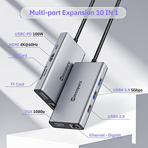 USB C ドッキング ステーション デュアル モニター、ミニソプル 10 in 1 ラップトップ ドッキング ステーション  MacBook/Dell/HP/Lenovo/Surface ラップトップ用、USB C ハブ マルチポート アダプター HDMI/VGA/100W 