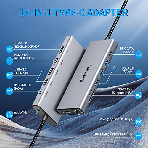 Minisopuru 14 In 1 USB C Hub Dual 4K HDMI+DP