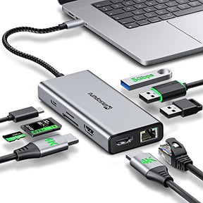 USB C ドッキング ステーション デュアル モニター、MacBook Pro/Surface/XPS/HP 用 9 in 1 ラップトップ ドッキング ステーション、USB C ドック USB C マルチポート アダプター、デュアル 4K@60Hz、3 X USB、ギガビット イーサネット、100W PD、SD/TF