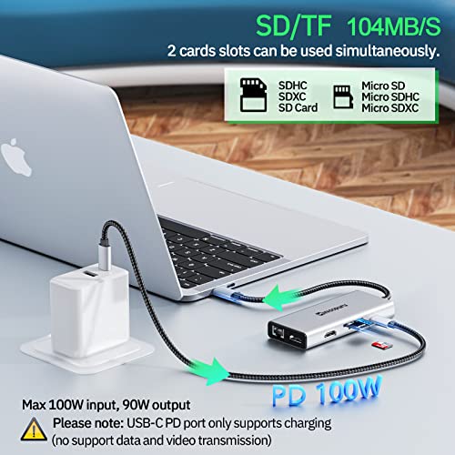 USB C ドッキング ステーション デュアル モニター、MacBook Pro/Surface/XPS/HP 用 9 in 1 ラップトップ ドッキング ステーション、USB C ドック USB C マルチポート アダプター、デュアル 4K@60Hz、3 X USB、ギガビット イーサネット、100W PD、SD/TF